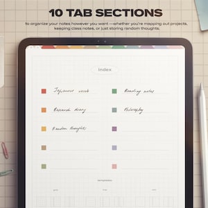 May include: A digital tablet displaying a note-taking interface with 10 tab sections. The screen shows an index page with colored square icons next to handwritten labels like Japanese vocab, Reading notes, Research diary, and Philosophy.