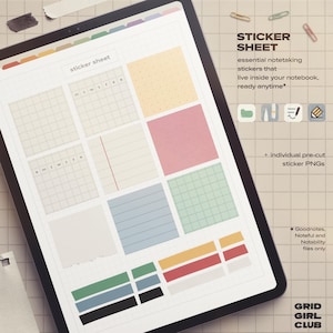May include: A digital tablet displaying a sticker sheet with various grid, lined, and solid colored note-taking elements. The screen shows the text STICKER SHEET, essential notetaking stickers that live inside your notebook, ready anytime, and GRID GIRL CLUB.