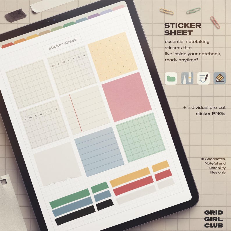 May include: A digital tablet displaying a sticker sheet with various grid, lined, and solid colored note-taking elements. The screen shows the text STICKER SHEET, essential notetaking stickers that live inside your notebook, ready anytime, and GRID GIRL CLUB.