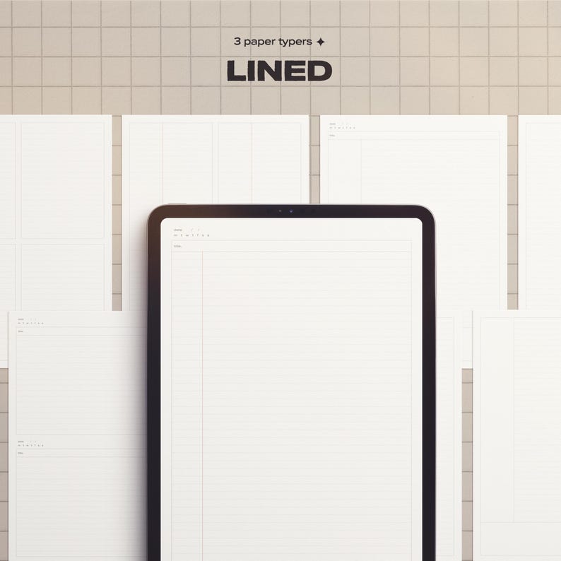 May include: A digital tablet and several lined paper sheets are displayed against a neutral background. The tablet screen shows a lined page, and the paper sheets have a similar design. The text "3 paper typers + LINED" is at the top.