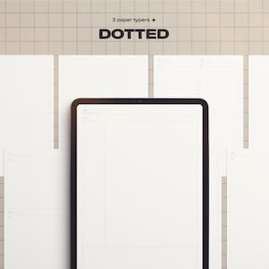 May include: A digital tablet and several white paper sheets with a grid pattern. The text "3 paper typers" and "DOTTED" are displayed at the top. The background is a light beige tile pattern.