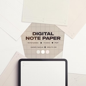 Può includere: Carta per appunti digitale con un motivo a griglia visualizzato su un tablet e fogli sparsi. L'immagine presenta il testo "DIGITAL NOTE PAPER" con dettagli: 42 modelli, 3 colori, PDF, texture realistica e facile da usare.