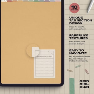 May include: A digital tablet displaying a tan paper-textured interface with ten colored tabs at the top. The screen features a white rectangular note area with dashed lines and text. Text on the right includes 10 colors, UNIQUE TAB SECTION DESIGN, PAPERLIKE TEXTURES, EASY TO NAVIGATE, and GRID GIRL CLUB.