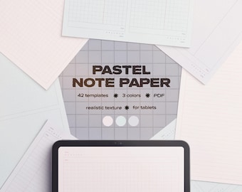May include: An overhead shot of pastel-colored note paper and a tablet. The paper is in shades of pink, blue, and white, with grid and lined patterns. The tablet displays a grid-lined page. Text on the image reads "PASTEL NOTE PAPER" and details about the templates.