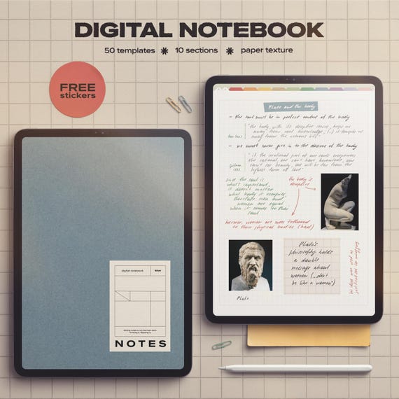 Paper Texture Digital Notebook: Hyperlinked, 50 Templates (GoodNotes, Noteful, Notability)