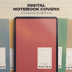May include: Digital notebook covers in various colors, with a realistic texture. The image shows a tablet with a red cover, and several other covers in blue, yellow, and green. The text on the image says "DIGITAL NOTEBOOK COVERS".