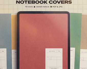 May include: Digital notebook covers in various colors, with a realistic texture. The image shows a tablet with a red cover, and several other covers in blue, yellow, and green. The text on the image says "DIGITAL NOTEBOOK COVERS".