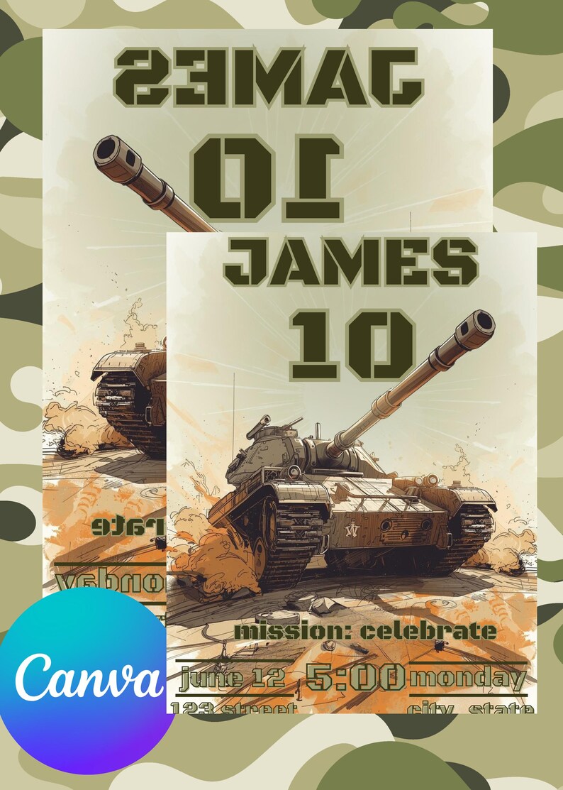 Military/tank Themed Birthday Invitation | Editable Canva Template ...