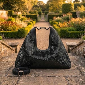 Sequin Hobo Bag, Leather Trim, Detachable Strap, Party Handbag