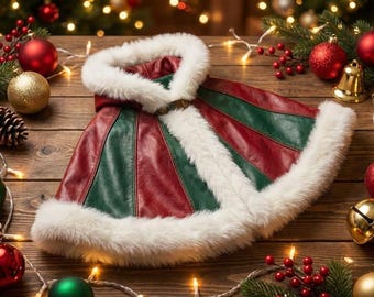 Christmas Leather Cape | Red Green Cosplay Cloak | Faux Fur Trim