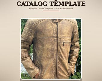 Modèle de catalogue de vestes en cuir modifiable, lookbook de mode, fiche produit pour la vente en gros (Canva PDF)