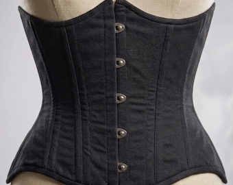 Black Cotton Underbust Corset, Steel Boned Hourglass Waist Cincher