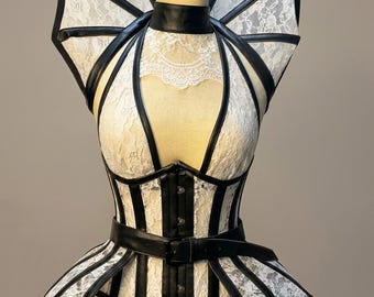 White Mesh Lace Corset Top, Gothic Waist Cincher, Lace Up Overbust Corset, Cosplay Corset, Halloween Costume, Plus Size Corset
