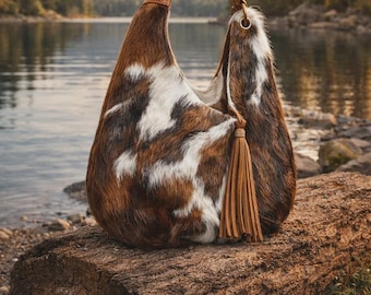 Cowhide Leather Hobo Bag – Hairon Tassel Shoulder Purse, Western Boho Style