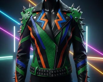 Punk Spiked Leather Jacket  Cyberpunk Moto Coat Colorful Studded Biker Jacket