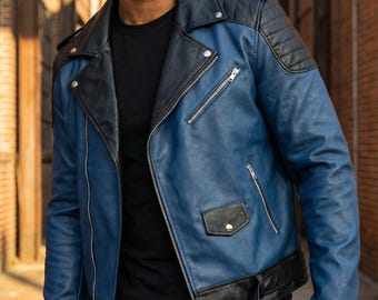 Blue Leather Biker Jacket | Men’s Motorcycle Coat | Custom Cowhide Moto Jacket