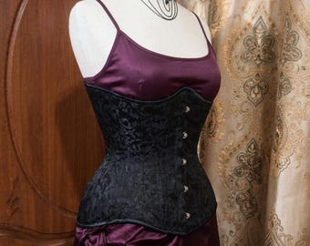 Black Brocade Steel Boned Underbust Corset, Gothic Victorian Bustier, Front Busk Closure