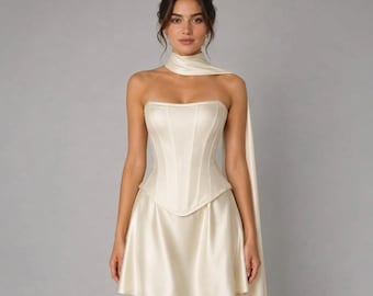 Ivory Satin Corset Top, Strapless Bridal Bustier With Belt Buckle, Boned Bodice