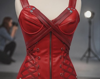 Handgefertigtes Rotes Lederkorsett | Gothic Korsett Top | Fantasy Kostüm | Renaissance & Festivalkleidung