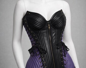 Hand Embroidered Leather Corset Waist Cincher | Overbust Gothic Steampunk Bustier