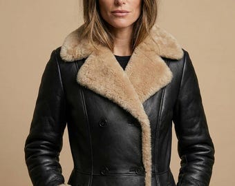 Black Leather Coat Shearling Winter Jacket Custom Warm  Long Coat