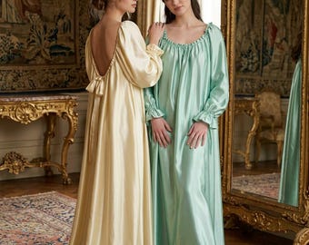 Bridal Satin Nightgown | Vintage Renaissance Long Sleeve Dress | Cottagecore Lingerie