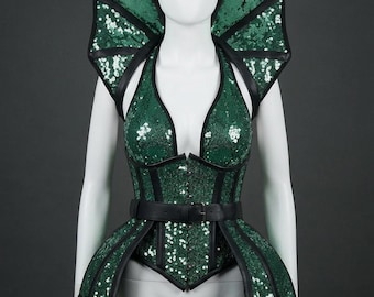Green Sequin Overbust Corset | Gothic Fantasy Waist Cincher Costume