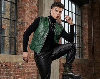 Green Studded Leather Vest | Cowhide Punk Biker Vest | Fetish Cosplay Moto Harness