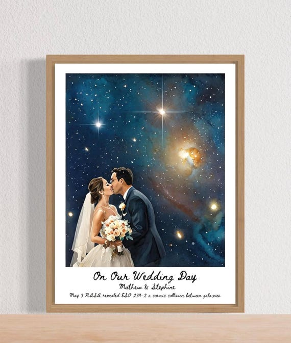 Custom Watercolor Portrait Wedding Day | NASA Image Released on that Day with Your Photo | Anniversary Gift | Painting From Photo