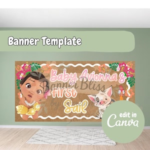 Op de afbeelding: Een bannersjabloon met een cartoonillustratie van een baby en een varken. De banner heeft tekst met de tekst "Baby Avionna's First Sail" en "Banner Bliss". De woorden "Banner Template" en "edit in Canva" zijn ook zichtbaar.