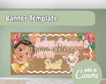 Moana Birthday Banner, Editable Canva Banner, First Birthday, Digital Download, 72x36 Painted Banner Template, Hand Painted Banner Template