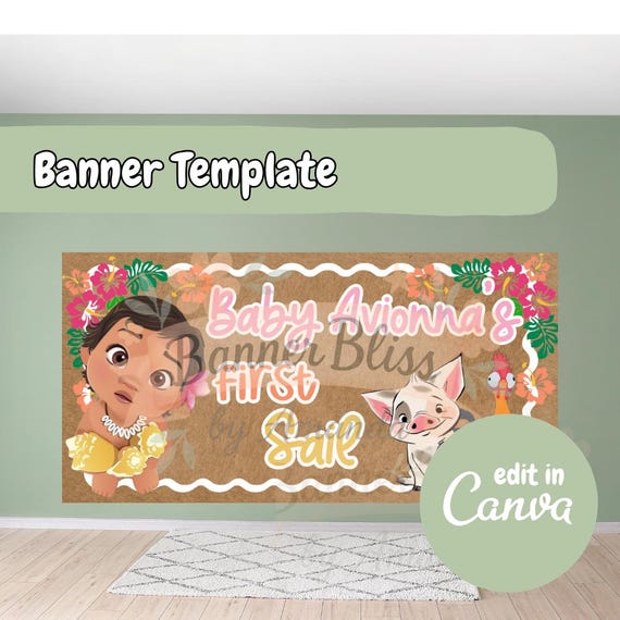 Moana Birthday Banner, Editable Canva Banner, First Birthday, Digital Download, 72x36 Painted Banner Template, Hand Painted Banner Template