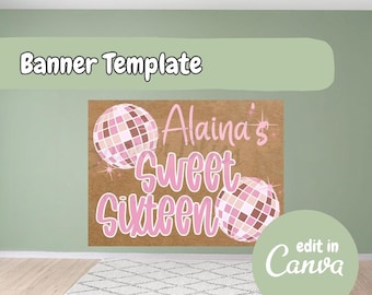 Sweet Sixteen Birthday Banner Template, Sixteenth Birthday Banner, Canva Template, 16th Birthday Digital Download Template, Banner Mock Up,