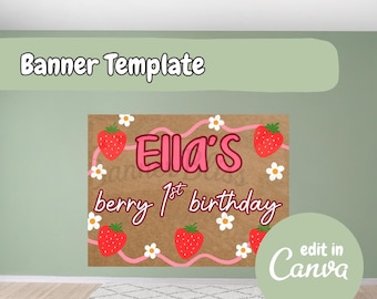 Berry First Birthday Party Banner, First Birthday Canva Template Banner, Berry First Birthday Template, Canva Template, First Birthday