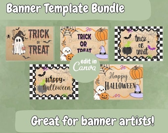 Puede incluir: Un paquete de plantillas de banners con temática de Halloween con el texto "Banner Template Bundle" y "Great for banner artists!". Los banners presentan fantasmas, calabazas, sombreros de bruja y las frases "Trick or Treat" y "Happy Halloween". El tamaño del banner es de 122 cm x 91 cm.