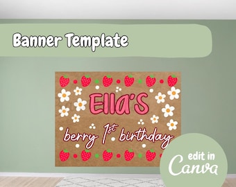 Berry First Birthday Party Banner, First Birthday Canva Template Banner, Berry First Birthday Template, Canva Template, First Birthday