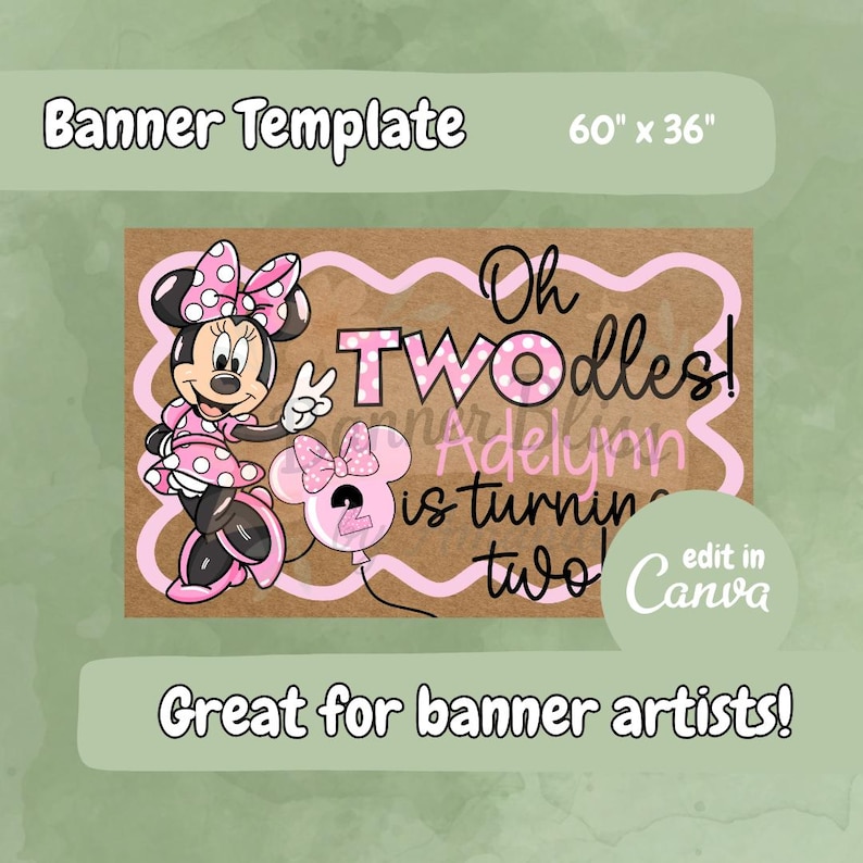 Op de afbeelding: Een banner sjabloon met Minnie Mouse, met de tekst "Oh TWOdles! Adelynn wordt twee!" De banner is 152 cm x 91 cm en heeft een bruine achtergrond met roze accenten. De tekst "edit in Canva" is ook opgenomen.