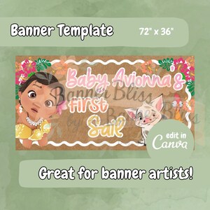 Op de afbeelding: Banner sjabloon, 183 x 91 cm, met een cartoon illustratie en de tekst "Baby Avionna & First Sail". Het ontwerp bevat bloemaccenten en karakters, met de tekst "edit in Canva" en "Great for banner artists!"