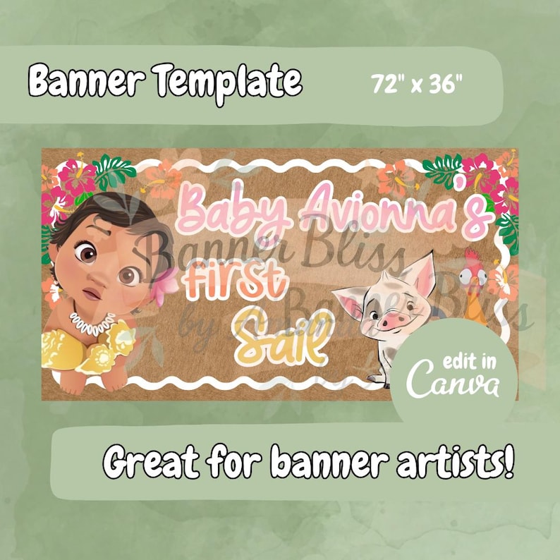 Op de afbeelding: Banner sjabloon, 183 x 91 cm, met een cartoon illustratie en de tekst "Baby Avionna & First Sail". Het ontwerp bevat bloemaccenten en karakters, met de tekst "edit in Canva" en "Great for banner artists!"