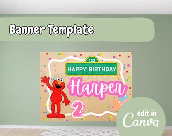 Sesamstraat verjaardagsfeestje banner, sesamstraat canva sjabloon banner, Elmo thema feest decor, bewerkbare canvas sjabloon, Elmo sjabloon