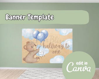 Halfway To One Template, Six Months, Banner Canva Templates, Canva Mock Ups, Digital Download Templates, Instant Download Banner Downloads