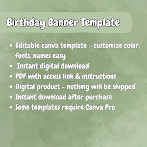 Op de afbeelding: Een digitale sjabloon voor een verjaardagsbanner. De tekst "Birthday Banner Template" staat bovenaan. De sjabloon is bewerkbaar in Canva, waardoor kleuren, lettertypen en namen kunnen worden aangepast. Directe digitale download.