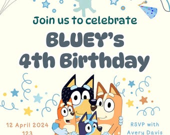 Verjaardagsuitnodiging met Bluey-thema: A | Bewerkbare sjabloon | Direct downloaden | Stijl verjaardagsuitnodiging Bluey