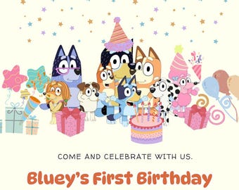 Verjaardagsuitnodiging met Bluey-thema - D | Bewerkbare sjabloon | Direct downloaden | Stijl verjaardagsuitnodiging Bluey