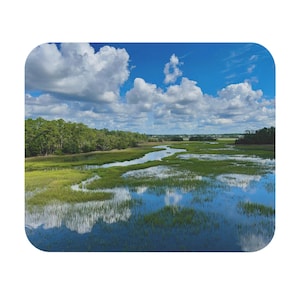 May include: A scenic landscape featuring a marsh with green grasses and a winding waterway reflecting the blue sky and fluffy white clouds. Lush green trees line the horizon under a bright, sunny sky. The image is set on a white, rounded square.