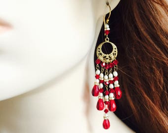 Gorgeous Boho Vintage Inspired Red Swarovski Czech Crystal White Freshwater Pearl Chandelier Earrings Vermeil Gold Plated Sterling Silver Br