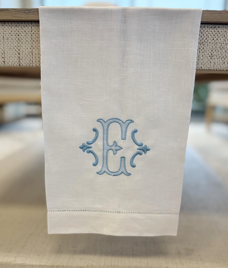 Monogrammed Linen Hand Towel: Custom Embroidered Hemstitch Decor