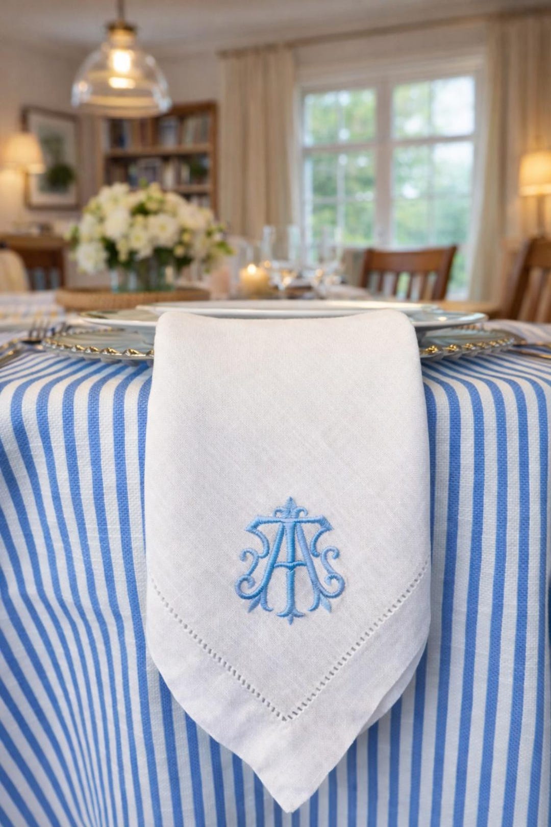 Custom Embroidered Monogrammed Hemstitch Dinner Napkins - Reg Font - Set of 4
