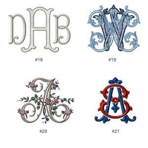 Peut inclure: Une collection de quatre motifs de monogrammes brod&eacute;s intitul&eacute;e Fonts. Le motif #18 montre les lettres DAB en argent. Le #19 pr&eacute;sente un monogramme entrelac&eacute; bleu et bleu clair. Le #20 affiche une lettre A avec des roses roses et le #21 un monogramme rouge et bleu.
