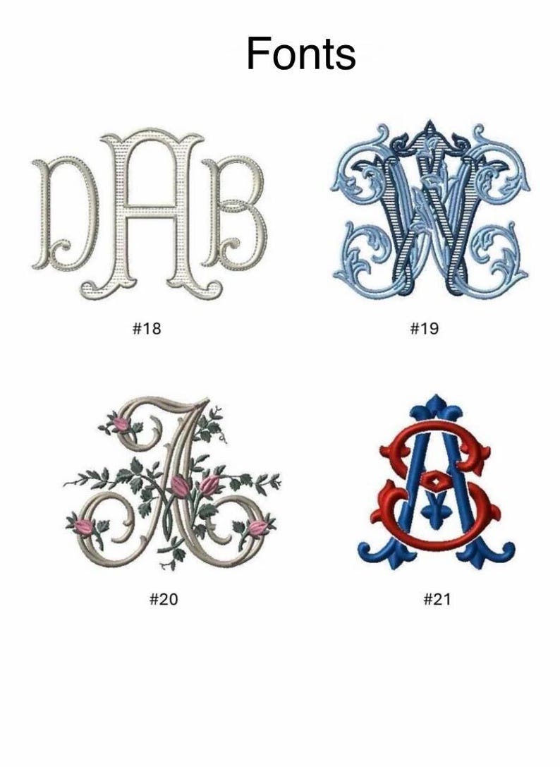 Peut inclure: Une collection de quatre motifs de monogrammes brod&eacute;s intitul&eacute;e Fonts. Le motif #18 montre les lettres DAB en argent. Le #19 pr&eacute;sente un monogramme entrelac&eacute; bleu et bleu clair. Le #20 affiche une lettre A avec des roses roses et le #21 un monogramme rouge et bleu.